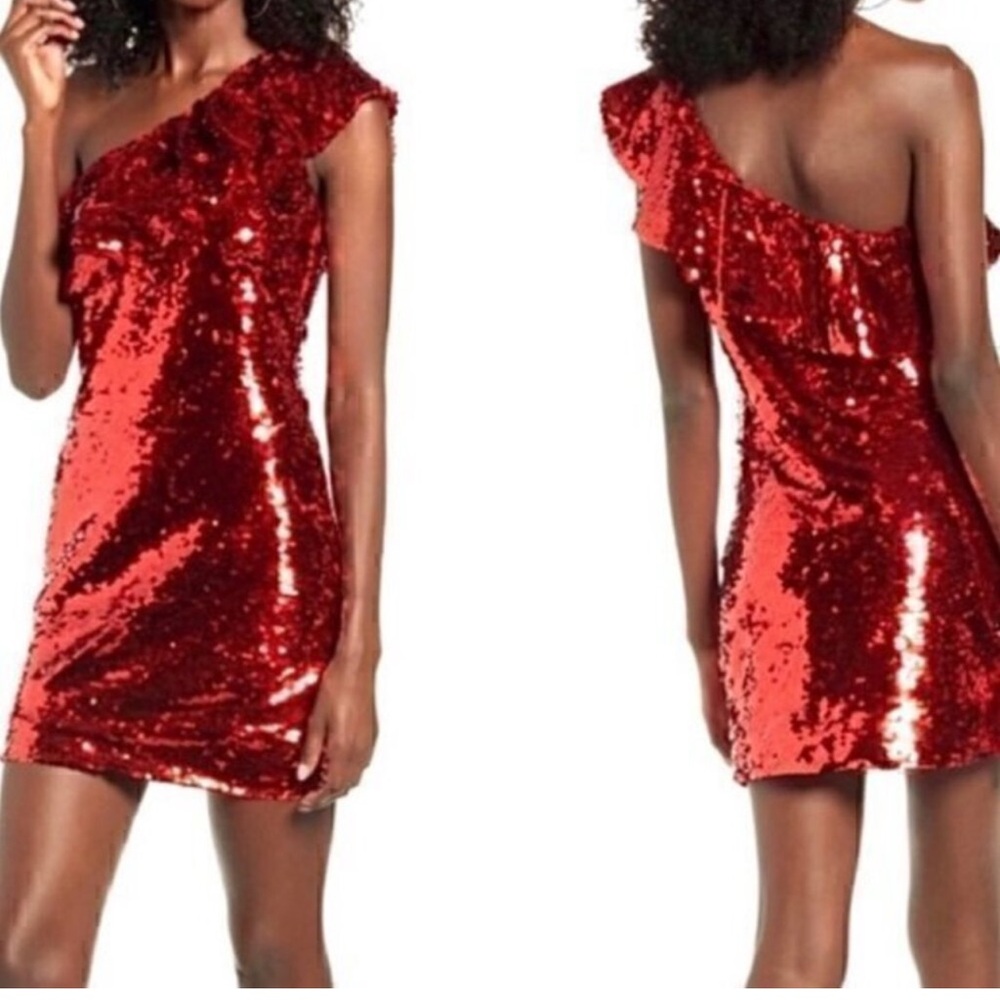 Leith Red Lava One Shoulder Mini Ruffle Dress Size Medium
